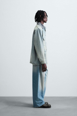 ZARA ДЖИНСОВАЯ КУРТКА-РУБАШКА С ЭФФЕКТОМ ВИНТАЖА, ГОЛУБОЙ