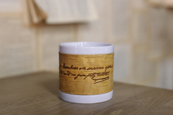 Кружка большая фарфоровая без ручки c берестой и с цитатами Лермонтова. Lermontov forever.