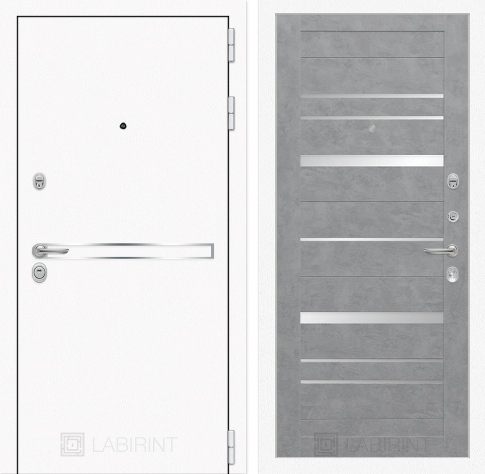 Входная металлическая белая дверь Лабиринт Лайн Вайт (Line White) 20 Бетон светлый, стекла белые