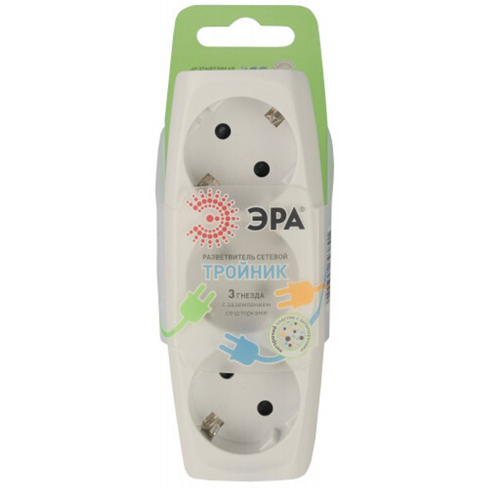 Разветвитель электрический ЭРА SP-3e-I на 3 розетки c заземлением со шторками 16А слоновая кость