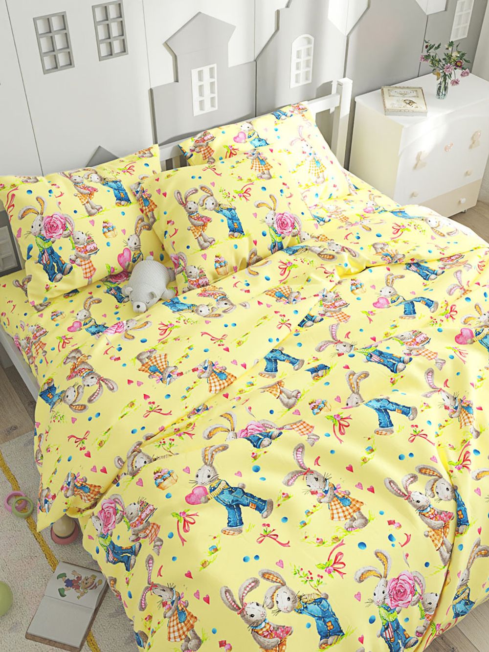 Постельное белье перкаль Сказка "Зайчики" 1,5-сп Наволочка 50x70 см 1 шт Простынь на резинке 90x200 см Пододеяльник 145x215 см
