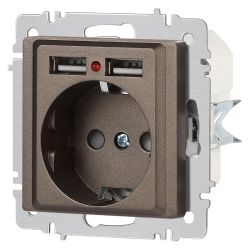 Розетка Intro Accent 6-410-08 с заземлением 2P+E Schuko со шторками 16А-250В + 2хUSB IP20 СУ бронза | Intro