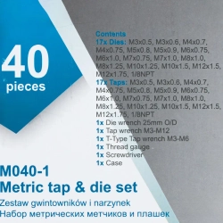 Набор метчиков и плашек метрический 40пр. (М3х0.5/0.6, М4х0.7/0.75, М5х0.8/0.9, М6х0.75/1, М7х0.75/1,М8х1/1.25, М10х1.25/1.5, М12х1.5/1.75) Scheppach Sch-M040-1