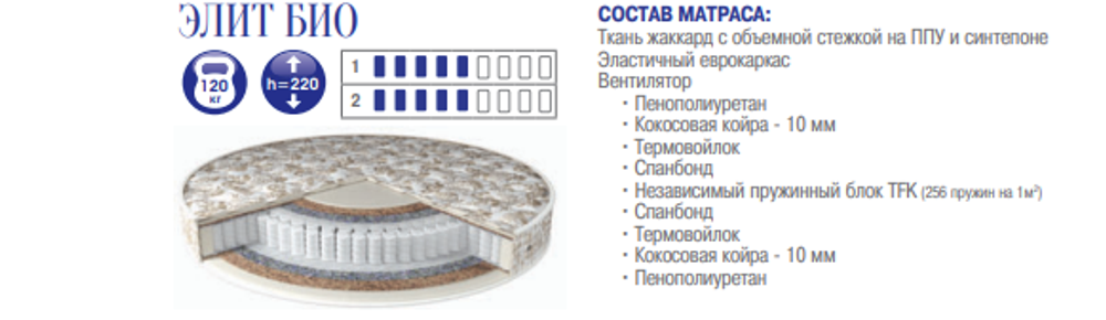 МАТРАС КРУГЛЫЙ ЭЛИТ БИО h=22 D=2100
