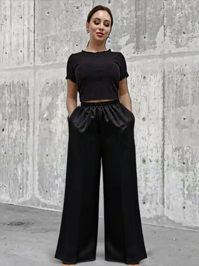 20624 Брюки женские палаццо трикотаж Джерси черный (54)