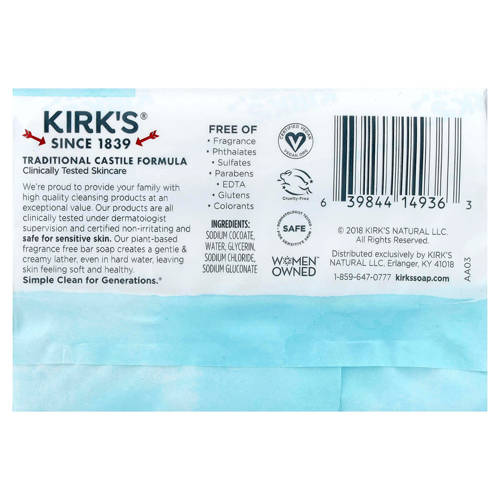Kirk's, кастильское кусковое мыло на 100% с кокосовым маслом премиального качества, без отдушки, 3 шт. по 113 г (4 унции)