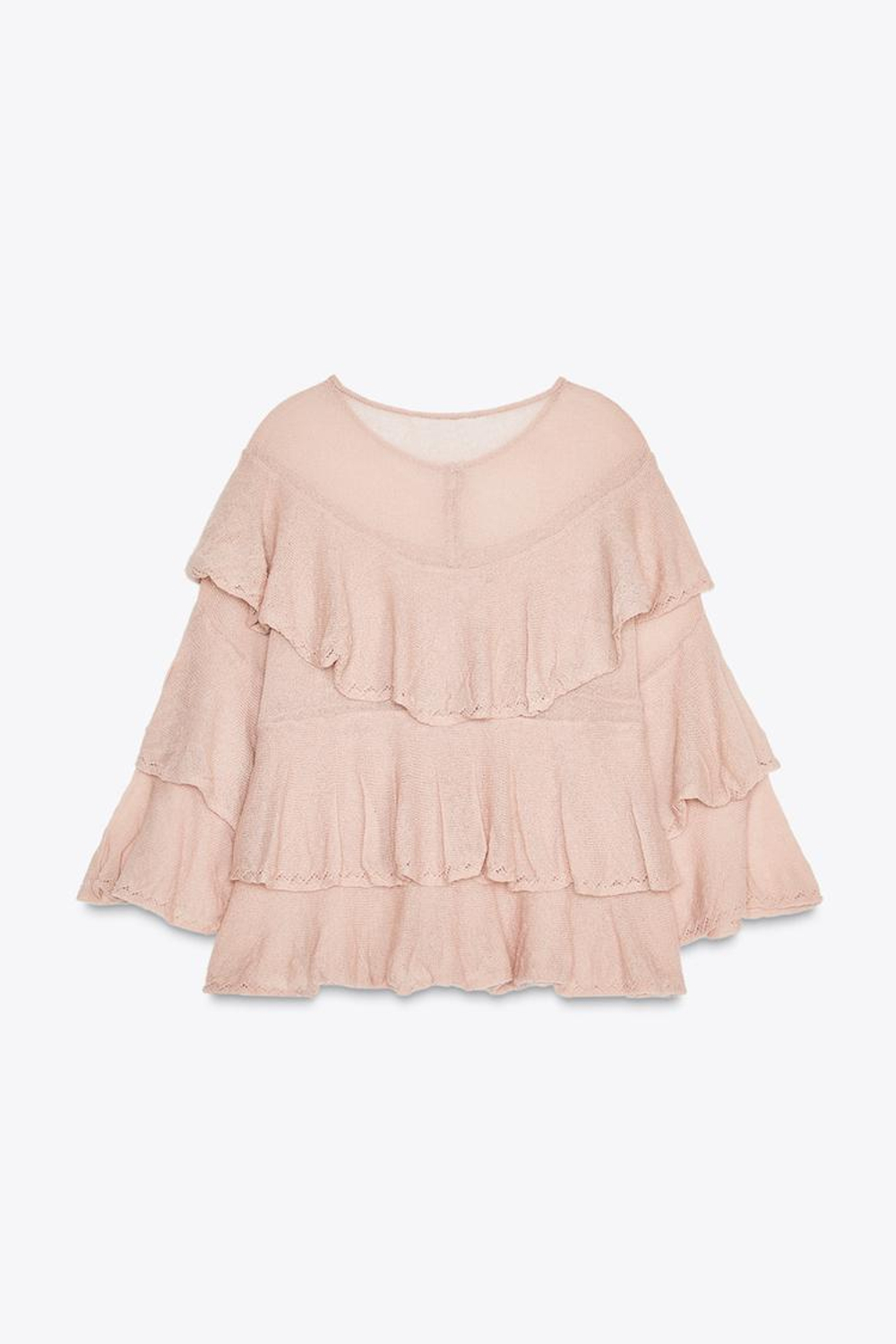 ZARA ТРИКОТАЖНЫЙ СВИТЕР С ВОЛАНАМИ, РОЗОВАТЫЙ