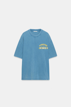 ZARA ФУТБОЛКА ИЗ ТКАНИ С ЭФФЕКТОМ ПОТЕРТОСТИ И НАДПИСЬЮ, СИНИЙ