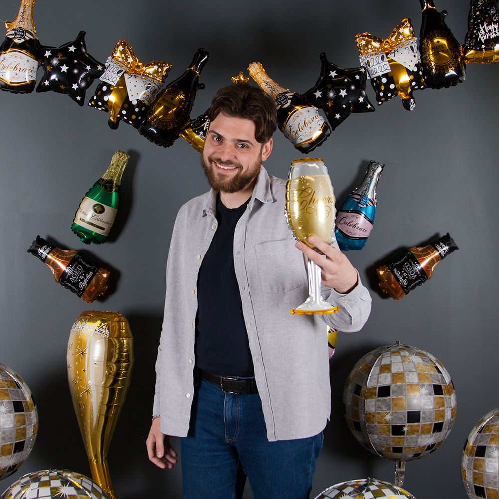 Шар с клапаном (14"/36 см) Мини-фигура, Бутылка Шампанское, Розовый