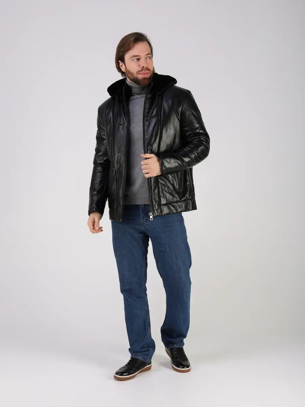 Куртка зимняя кожаная с капюшоном пуховик