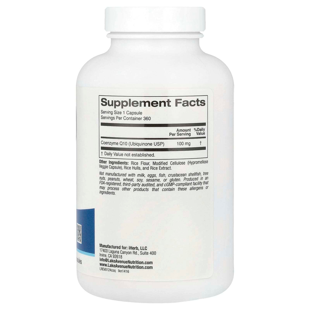 Lake Avenue Nutrition, коэнзим Q10, убихинон класса USP, 100 мг, 360 растительных капсул