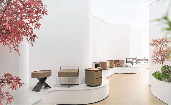 Тумба прикроватная 4669, бежевая экокожа, шпон ореха