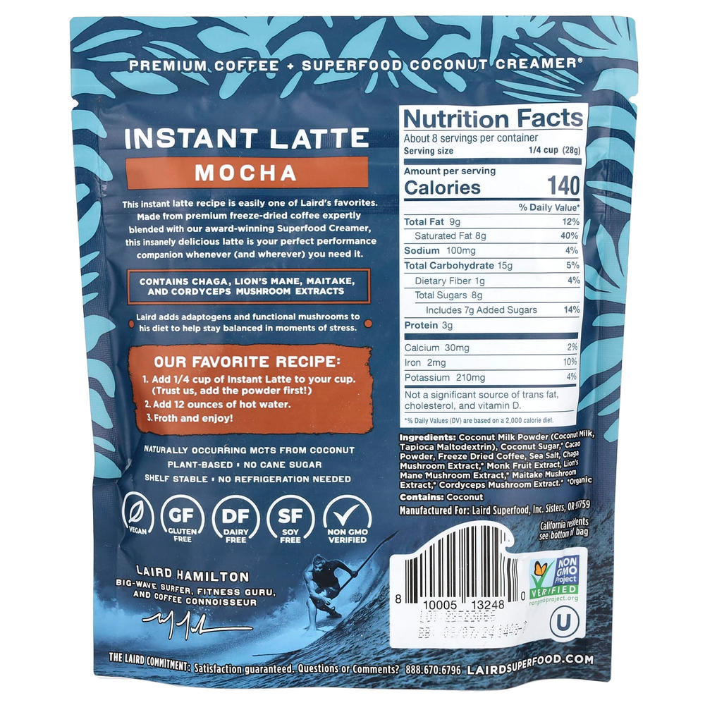 Laird Superfood, Растворимый латте, кофе + сливки + адаптогены, мокко, 227 г (8 унций)
