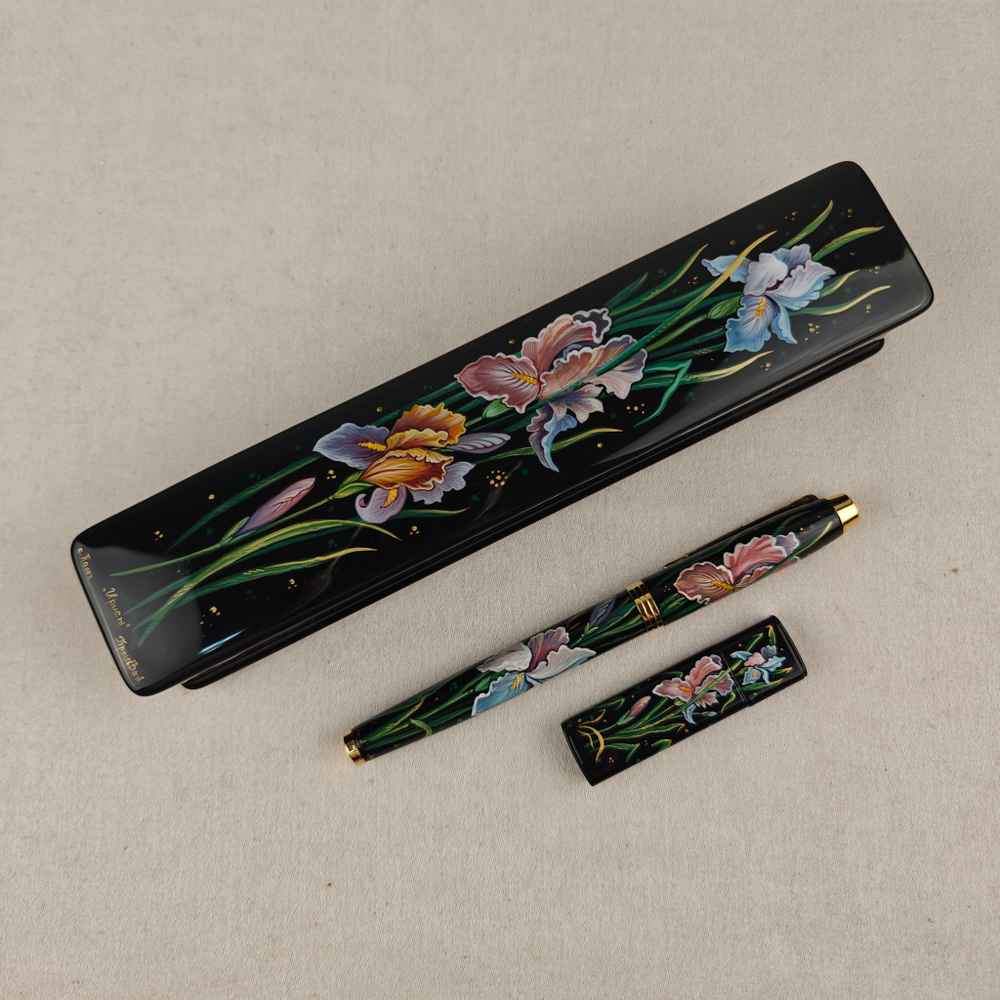 Набор "Ирисы" пенал, флешка и ручка Parker с ручной росписью Палех в футляре