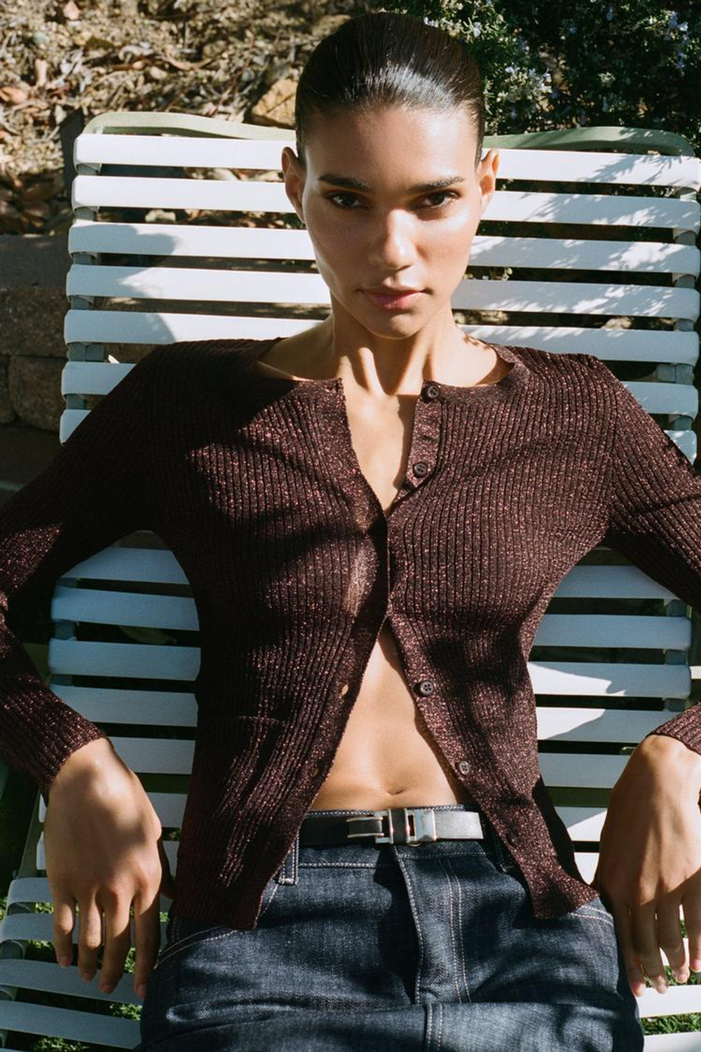 ZARA КАРДИГАН С МЕТАЛЛИЗИРОВАННОЙ НИТЬЮ, СВЕТЛО-КОРИЧНЕВЫЙ