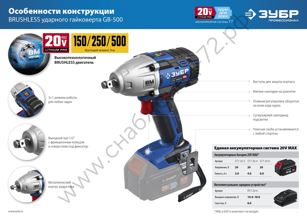 ЗУБР Т7, 20 В, 500 Н·м, без АКБ, бесщеточный гайковерт, Профессионал (GB-500)