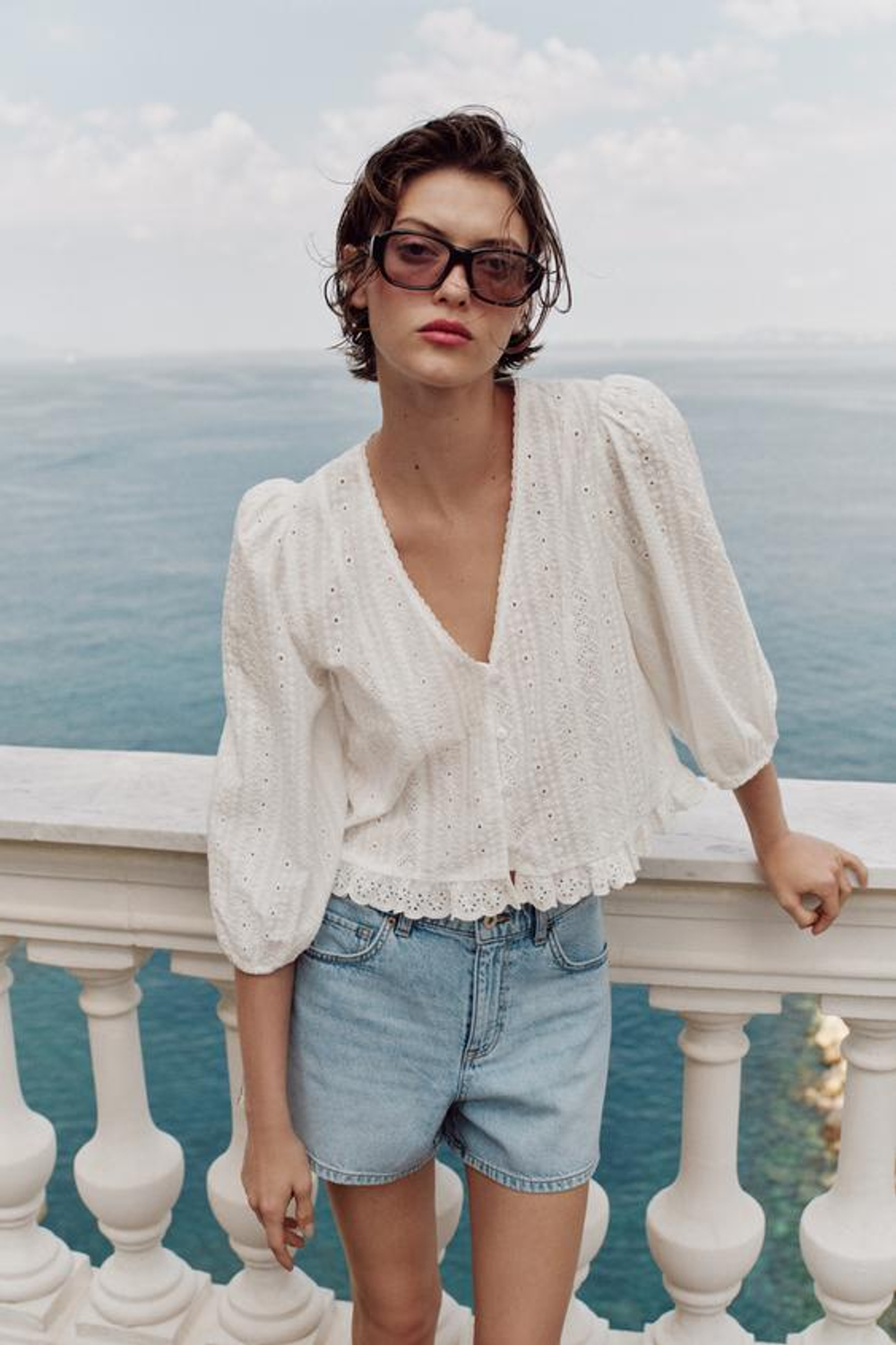 ZARA БЛУЗА С ВЫШИВКОЙ РИШЕЛЬЕ, ЖЕЛТОВАТО-БЕЛЫЙ