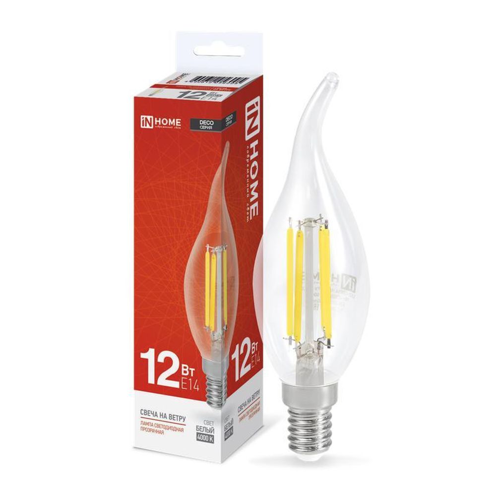 Лампа светодиодная филаментная LED-СВЕЧА НА ВЕТРУ-deco свеча на ветру прозрачная 12Вт 230В E14 4000К 1350лм IN HOME 4690612056005 Лампа светодиодная филаментная LED-СВЕЧА НА ВЕТРУ-deco свеча на ветру прозрачная 12Вт 230В E14 4000К 1350лм IN HOME 4690612056005