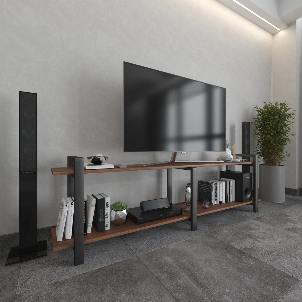 Тумба под телевизор напольная в стиле лофт из массива сосны и стали 150–200 см • Доставка по Москве, СПб и городам России