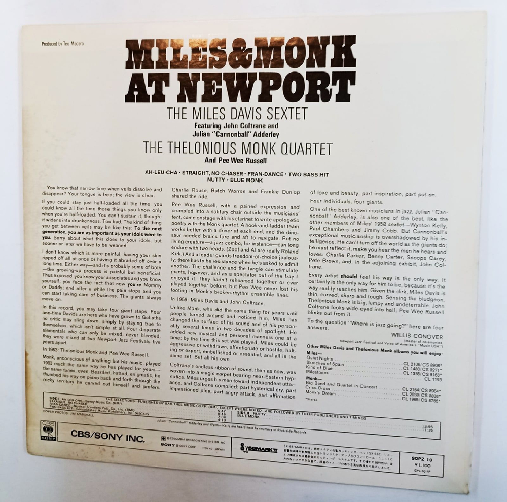 Винтажная виниловая пластинка The Miles Davis Sextet and The Thelonious Monk Quartet Miles and Monk At Newport (Japan 1973)
