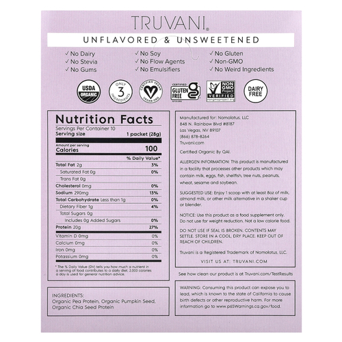 Truvani, Растительный протеин, без ароматизаторов и подсластителей, 10 пакетиков по 28 г (0,99 унции)