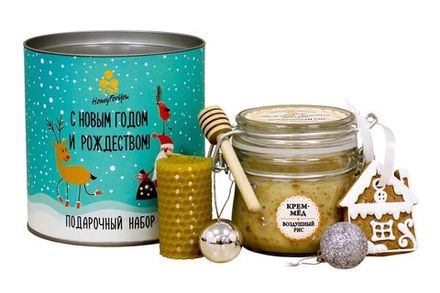Новогодние корпоративные подарки в брендированных тубусах (мед, орехи, чай)
