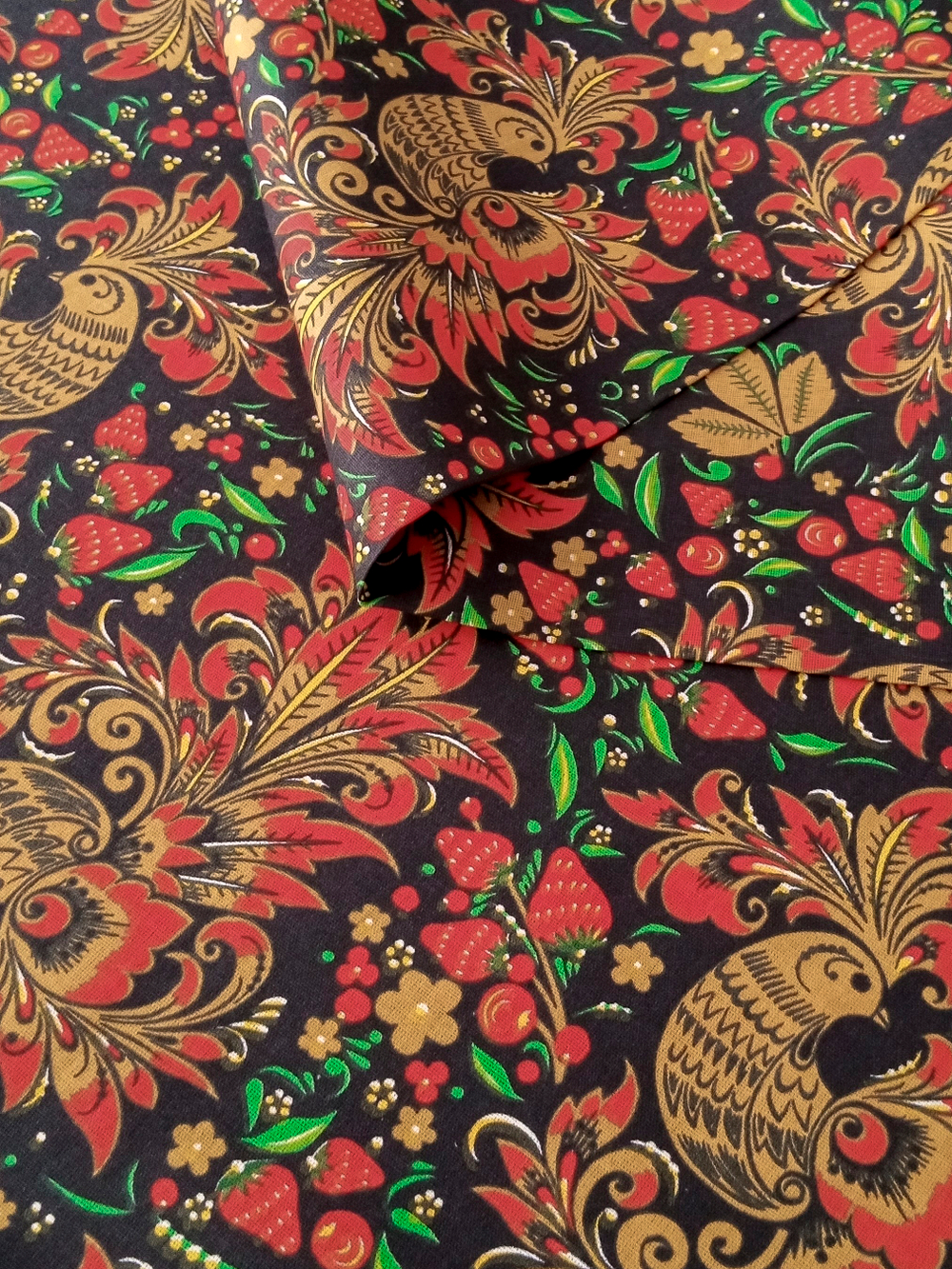 Ткань бязь плательная, рис. "Хохлома жар-птица", ширина 150 см, арт. 871