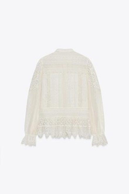 ZARA БЛУЗА С ВЫШИВКОЙ И КРУЖЕВОМ — ZW COLLECTION, ЖЕЛТОВАТО-БЕЛЫЙ