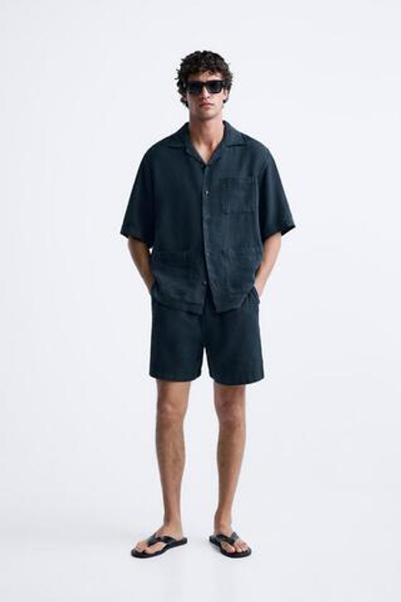 ZARA РУБАШКА ИЗ 100% ЛЬНА, МОРСКОЙ СИНИЙ