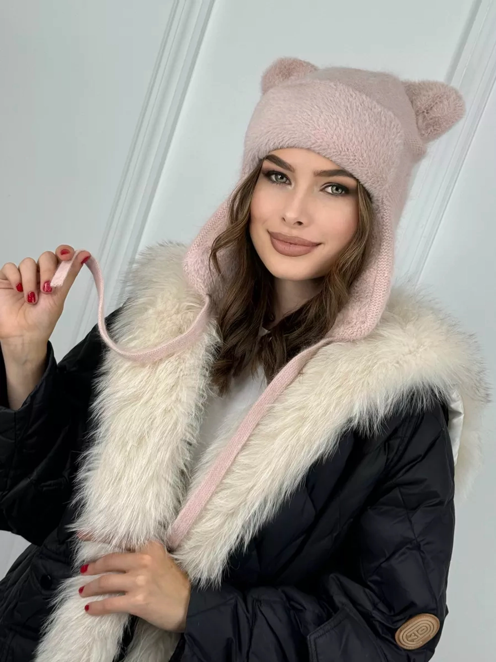 шапка зимняя вязаная с ушками ангора