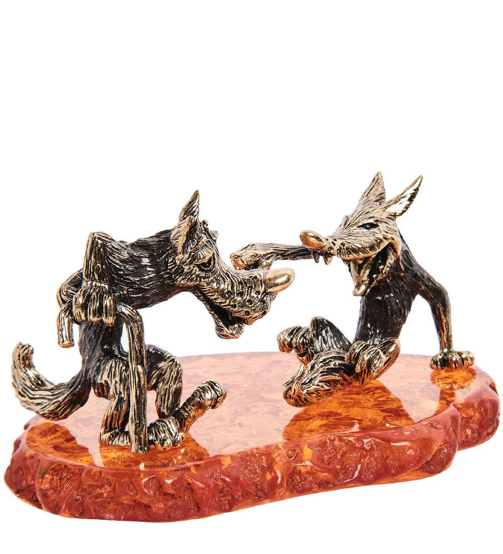 AM-3286 Фигурка «Волк и лиса» (латунь, янтарь)