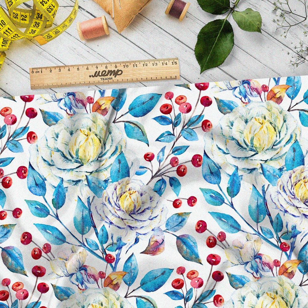 Ткань поплин голубые цветки с белым соцветием