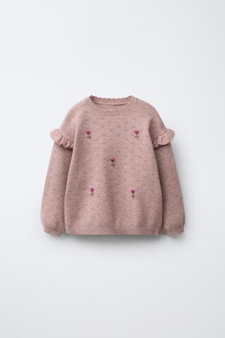 ZARA ТРИКОТАЖНЫЙ ДЖЕМПЕР С ВЫШИВКОЙ В ВИДЕ ЦВЕТОВ, РОЗОВЫЙ МЕЛАНЖ