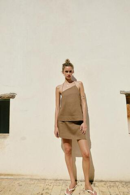 ZARA ЮБКА-ШОРТЫ ИЗ ЛЬНА С БУСИНАМИ, ТАБАЧНЫЙ