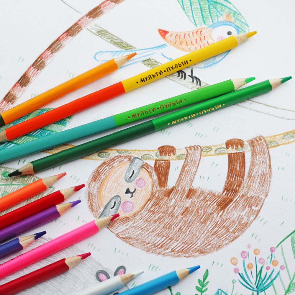 Карандаши цветные двусторонние Мульти-Пульти "Енот в тропиках", 12цв., 6шт., трехгран., заточ., картон