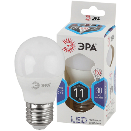 Лампочка светодиодная ЭРА STD LED P45-11W-840-E27 E27 / Е27 11Вт шар нейтральный белый свет