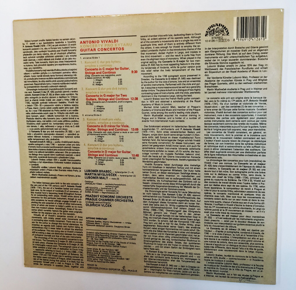 Винтажная виниловая пластинка LP Vivaldi Вивальди, Prague Chamber Orchestra Guitar Concertos (Чехословакия 1989)