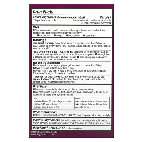 Nature's Way, Umcka, средство от простуды для детей, не вызывающее сонливости, для детей от 6 лет, вишня, 10 жевательных таблеток