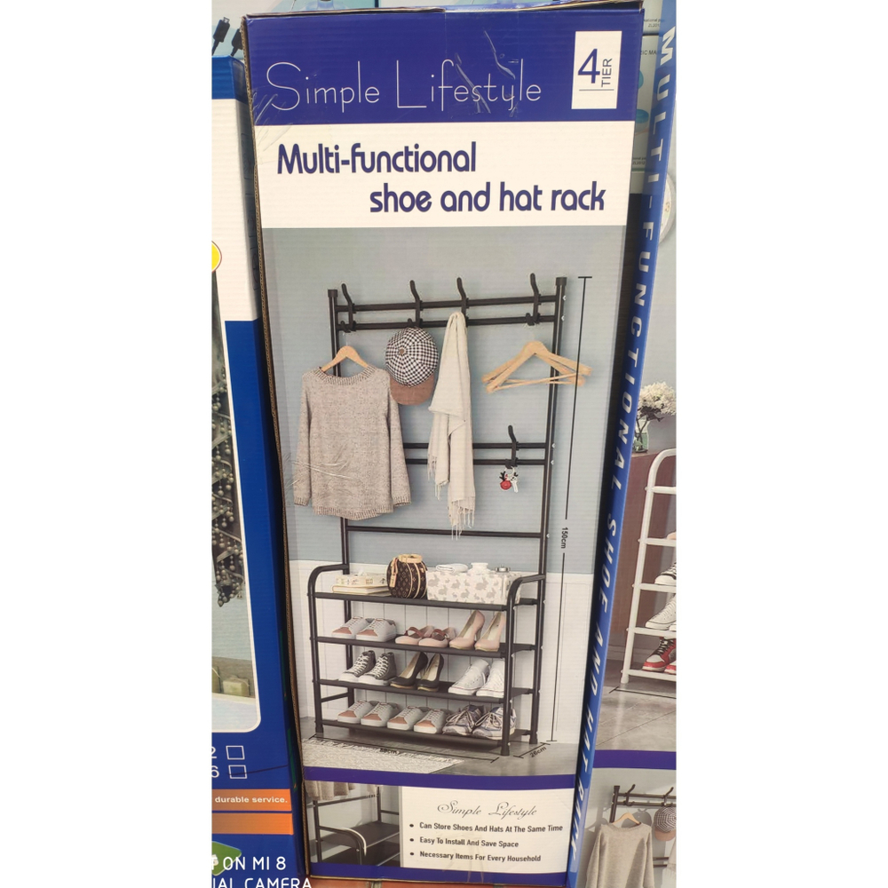Напольная вешалка для одежды, с этажеркой для обуви 2в1 "Multi-functional shoe and hat rack" 4яруса - 60×26×150 / 80х26х150см