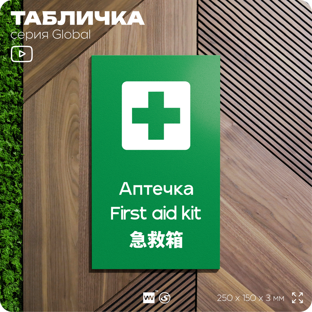 Табличка Аптечка первой помощи, на дверь и стену, информационная и мультиязычная (русский, английский, китайский), серия GLOBAL, 25х15 см, Айдентика Технолоджи