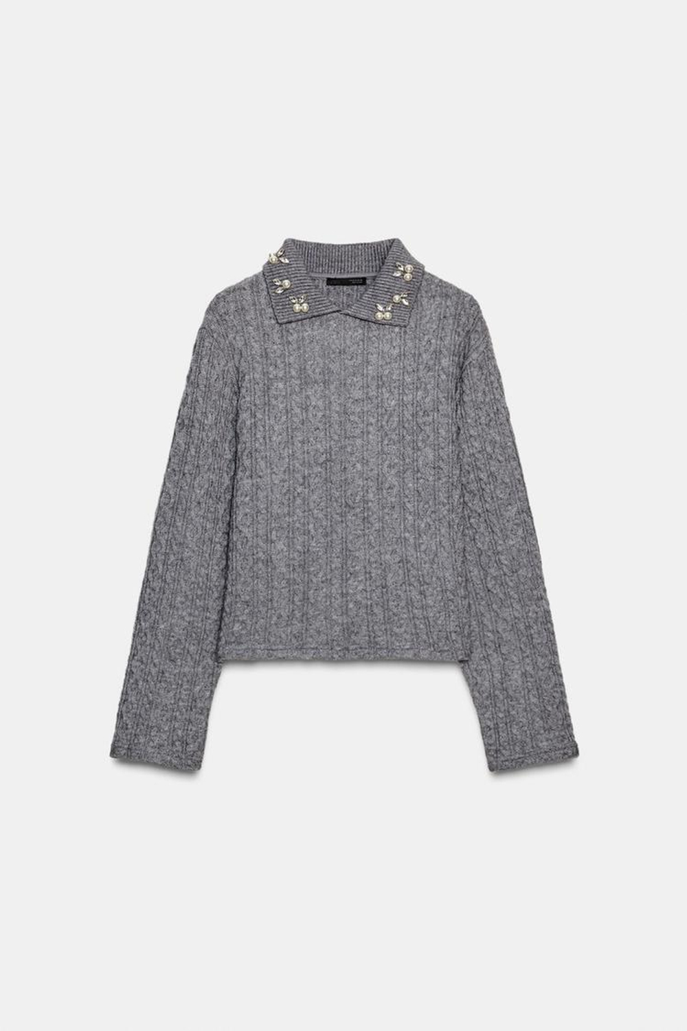 ZARA СВИТЕР С УЗОРОМ «КОСЫ» И СТРАЗАМИ НА ВОРОТНИКЕ, СЕРЫЙ МЕЛАНЖ