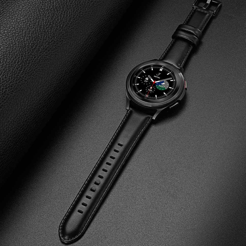 Ремешок из натуральной кожи черного цвета от Dux Ducis для смарт часов Samsung Galaxy Watch 3, 4, 5, 6 и 7 (размер крепления 20мм), серия Business Series