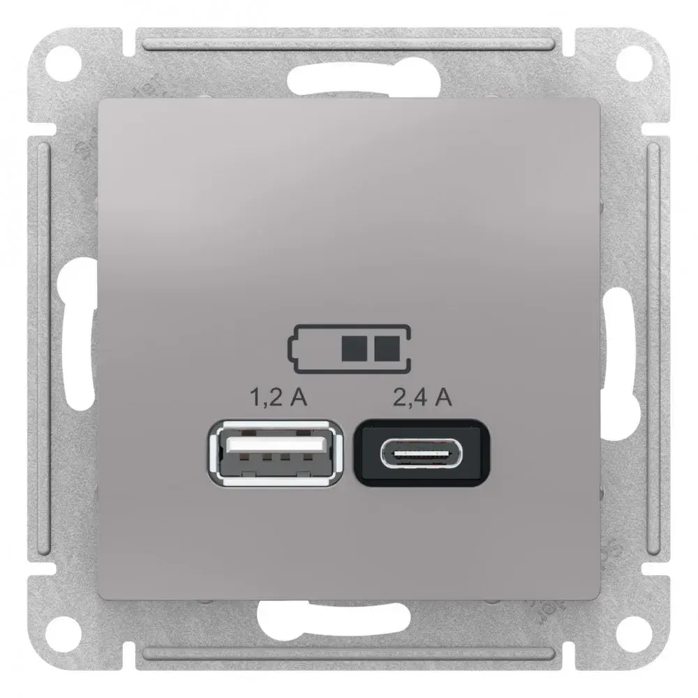 ATLASDESIGN USB РОЗЕТКА А+С, 5В/2,4А, 2х5В/1,2А, механизм, АЛЮМИНИЙ