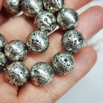 Лава натуральная, бусины метализированные, цвет светлое серебро, луна, 12мм, штучно