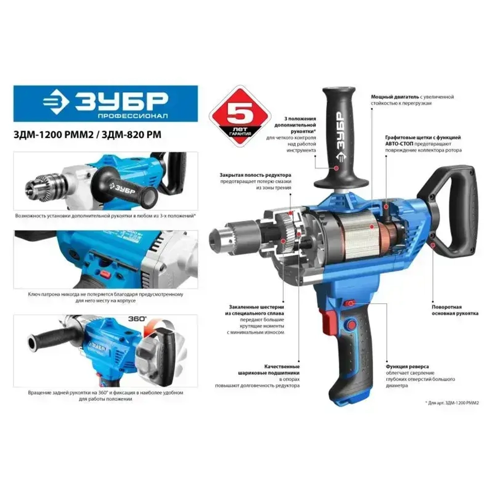 Дрель-миксер ЗУБР Профессионал ЗДМ-820 РМ, 820 Вт, патрон 13 мм