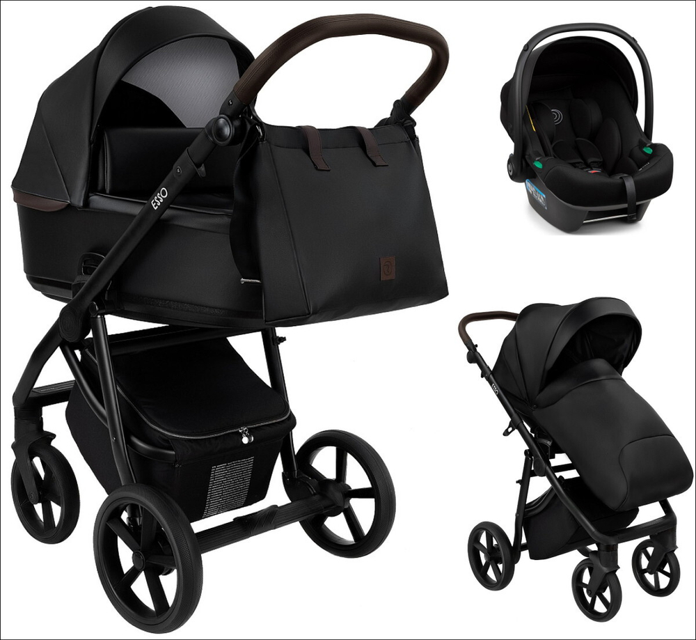 Детская коляска Roan Esso 2025 Кожа 3 в 1 с автокреслом Tutis Elo Lux Black ESSK/210/1 Black /Black/руч.Тем.коричневый