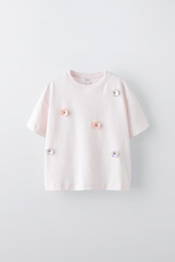 ZARA ФУТБОЛКА С НАШИВКОЙ «ЦВЕТЫ», РОЗОВЫЙ