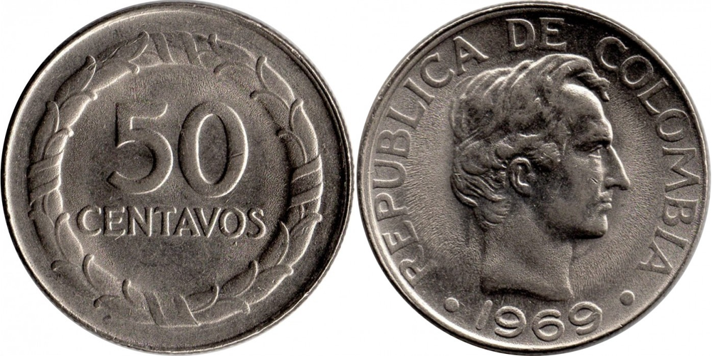 Колумбия 50 сентаво, 1967 - 1969 Франсиско де Паула Сантандер XF