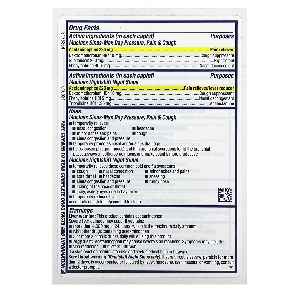 Mucinex, Sinus-Max Day and NightShift Night Sinus, максимальная сила действия, для детей от 12 лет, 2 флакона, 20 капсул