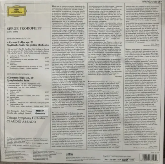 Abbado, Claudio Prokofiev - Leutnant Kije-Suite, Scythian Suite - LP